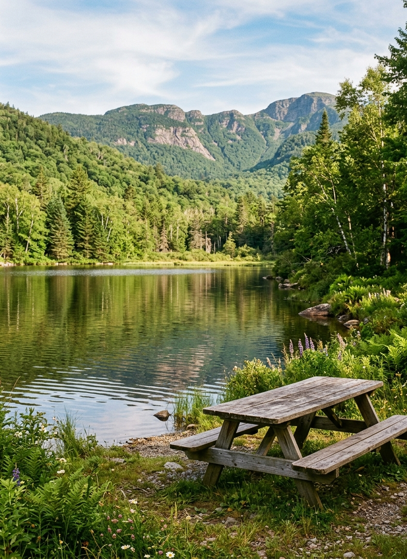 lake with mountains in background, picnic table in foreground