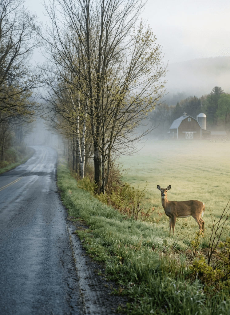 deer on the side of the road in a foggy field with a red barn behind it