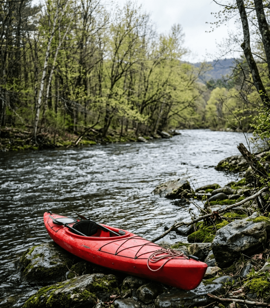 kayak on river bank in vermont