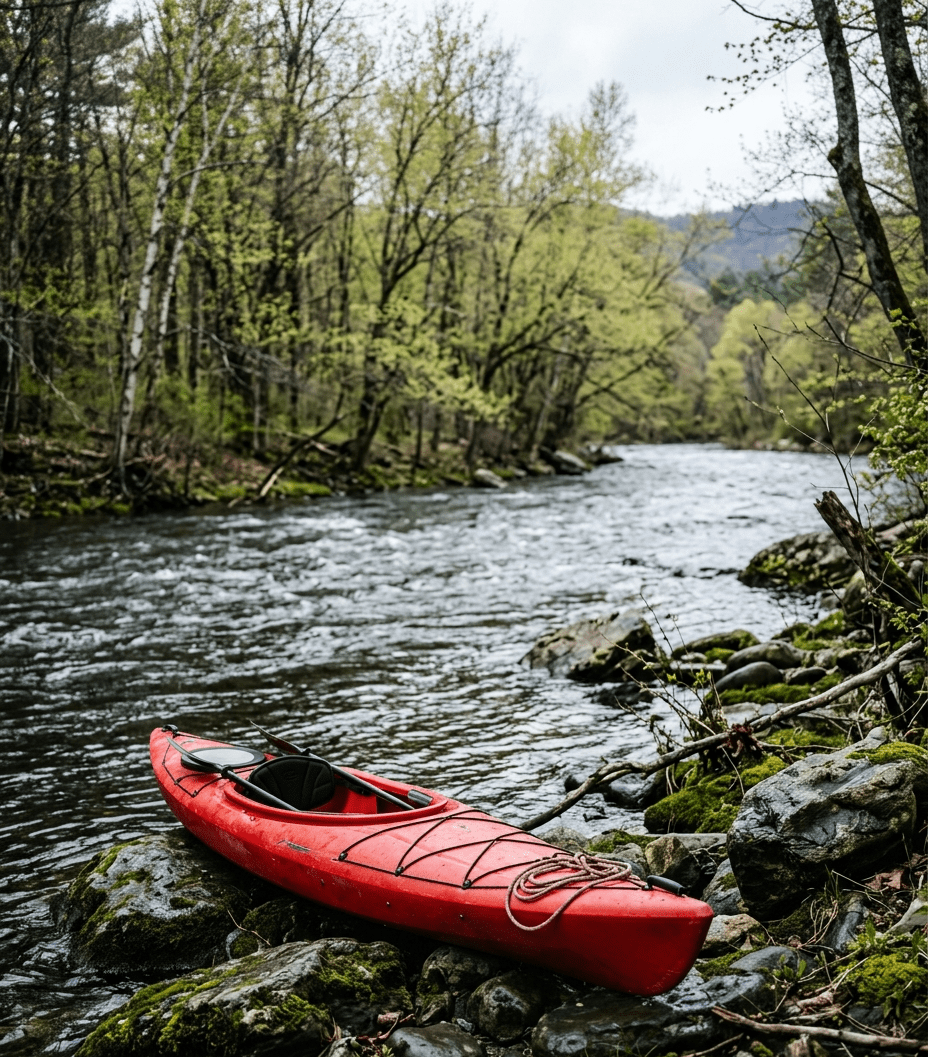 kayak on river bank in vermont
