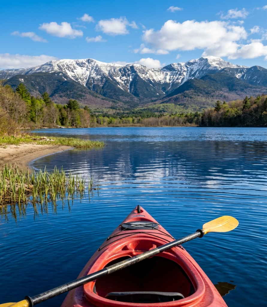 kayak with snow capped mountains 