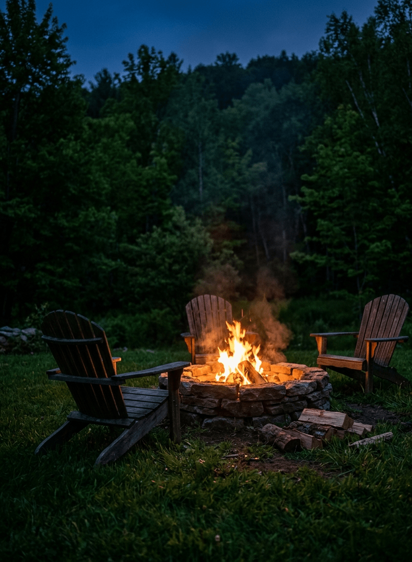 vermont campfire fire pit with three Adirondack chairs around the fire