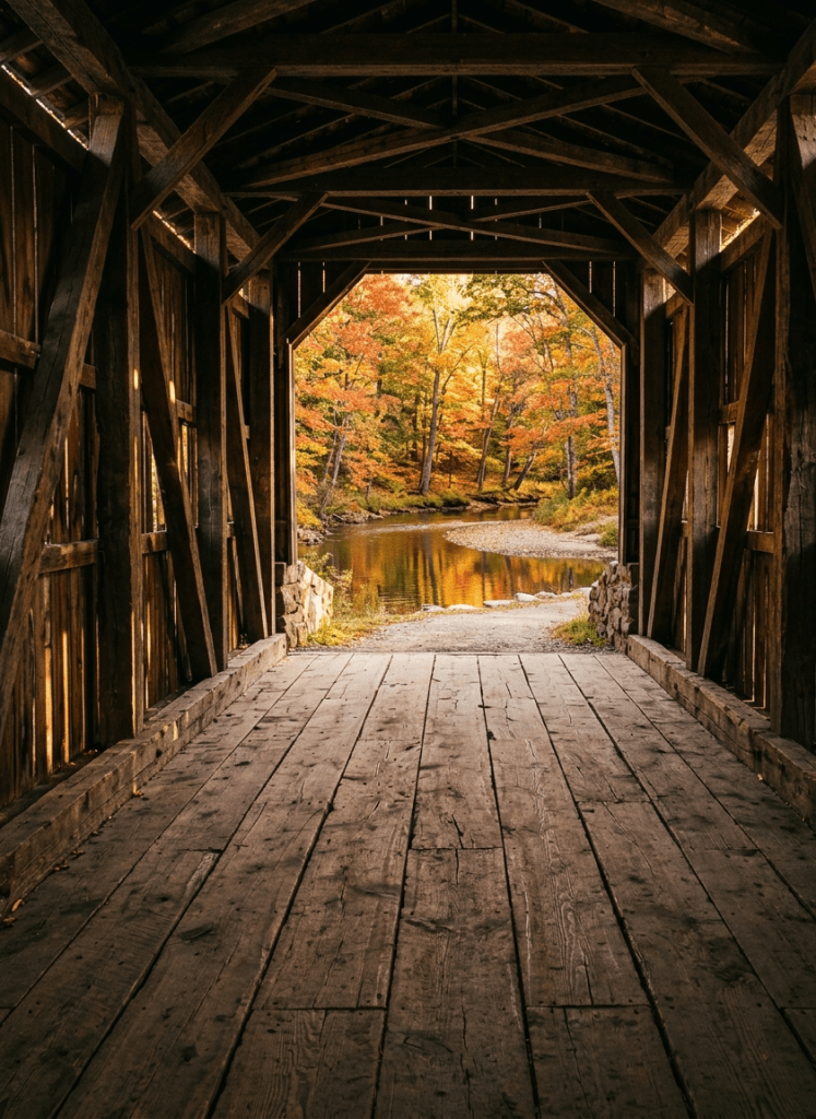 covered bridge in autumn in vermont