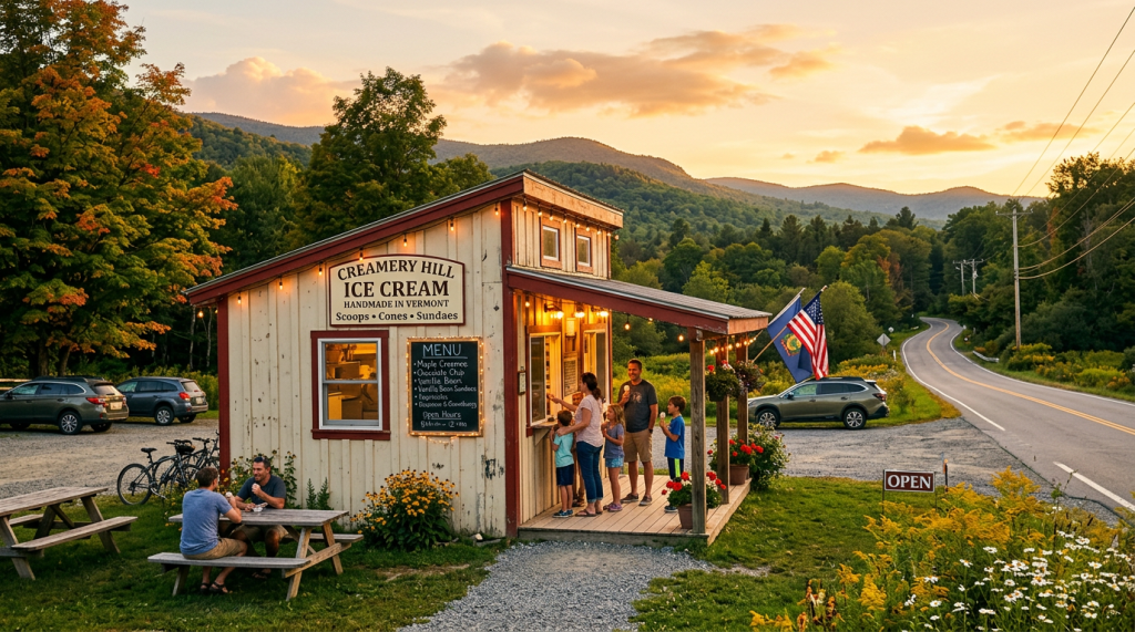 Small ice cream shop in Vermont with families buying and eating ice cream at sunset