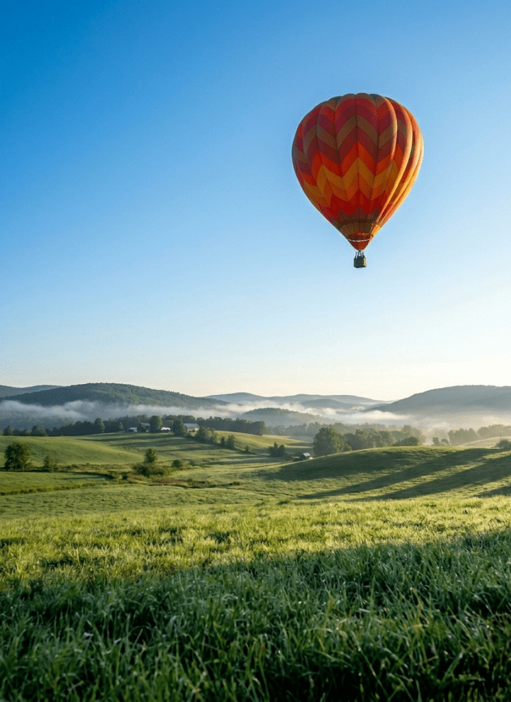 hot air balloon over rolling hills