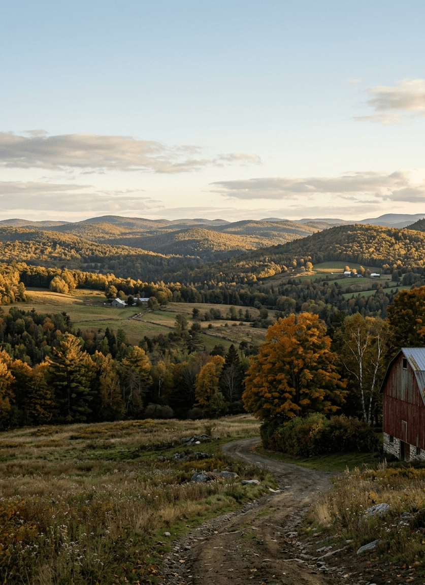 A wide open Vermont landscape in the Northeast Kingdom, looking out across rolling forested hills and farmland under a pale blue autumn sky, golden light raking across the scene from a low angle, a weathered red barn partially visible at the edge of the frame