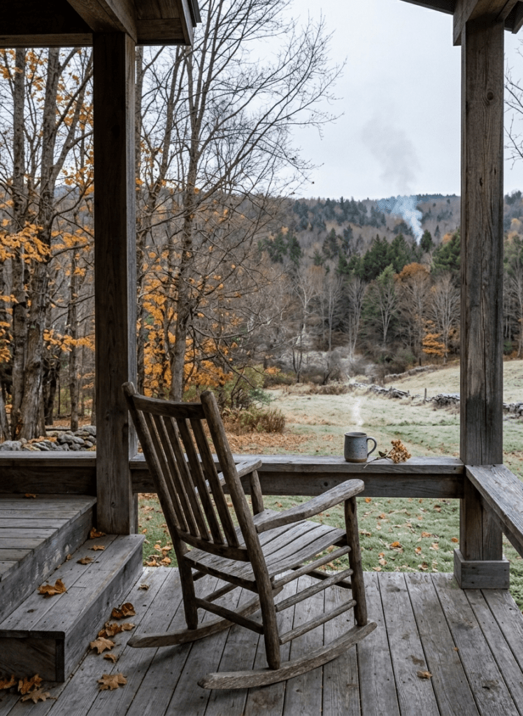 porch with coffee during stick season