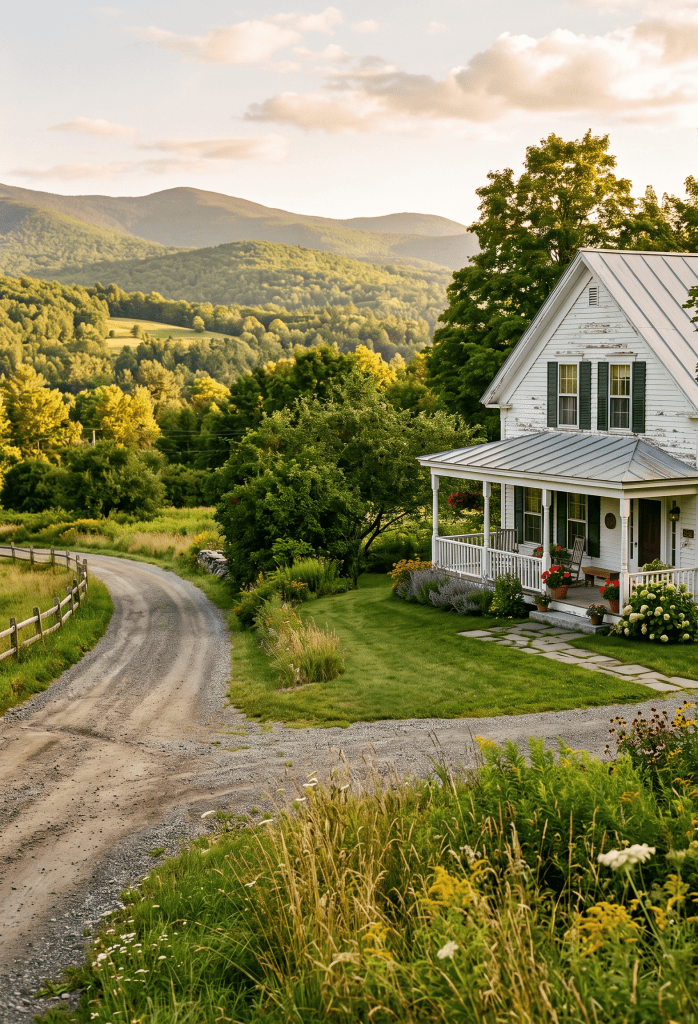 A scenic country road leading to a charming white house surrounded by lush greenery and mountains in the background.